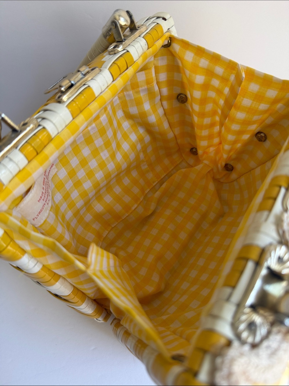 Rare 1960s Vintage Yellow Gingham Fur Accent Women's Handbag - Picture 10 of 15